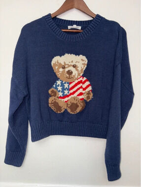 Grayson Threads XXL Patriotic Teddy Bear Cropped Sweater Navy Americana